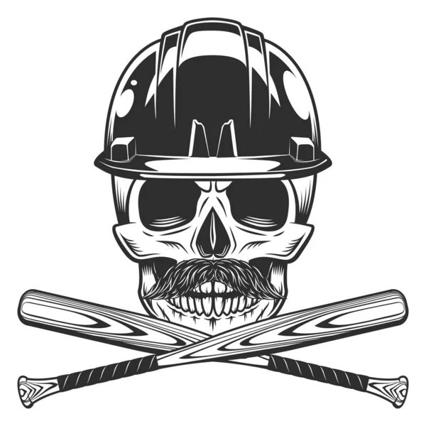 Skull Mustache Helmet Hard Hat Construction Baseball Bat Club Emblem — Stock Vector