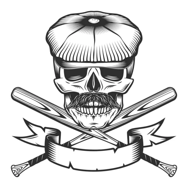 带有棒球棒和丝带棒徽章的扁平帽和胡子骷髅设计元素模板 复古单色风格孤立矢量图例 — 图库矢量图片