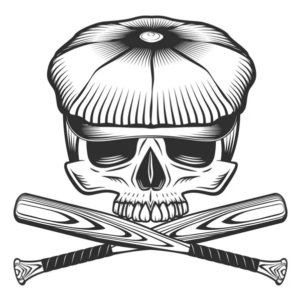 带有棒球棒徽章设计元素模板的半圆形头盖骨与复古单色风格分离向量图 — 图库矢量图片
