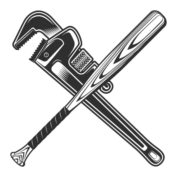 Construction Plumbing Wrench Baseball Bat Club Emblem Design Elements Template — Stock Vector