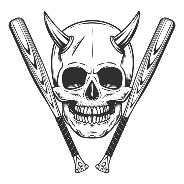 Tengkorak Dan Tanduk Dengan Baseball Bat Club Emblem Elemen Desain - Stok Vektor