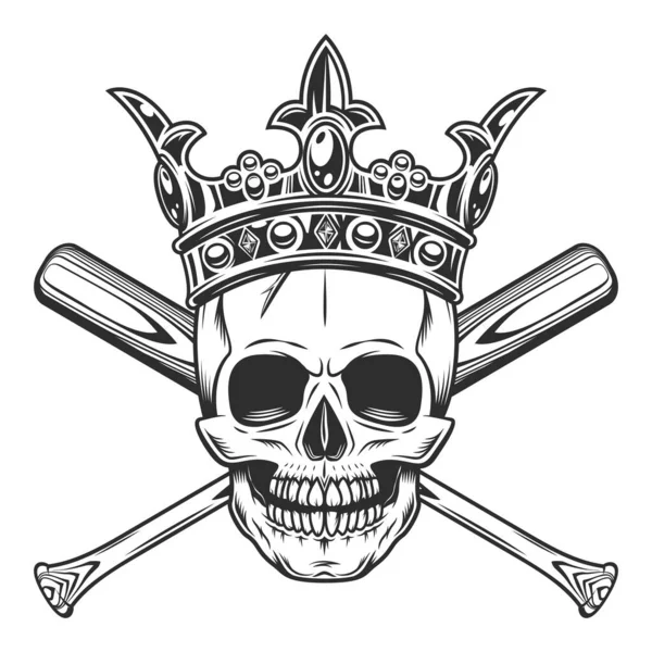Teschio Corona Con Mazza Baseball Emblema Del Club Modello Elementi — Vettoriale Stock