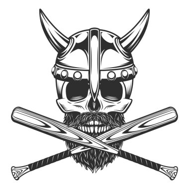 Boynuzlu başlıklı Viking kafatası sakallı ve bıyıklı beysbol sopası amblem tasarım elementleri klasik monokrom tarzında izole edilmiş çizimler.