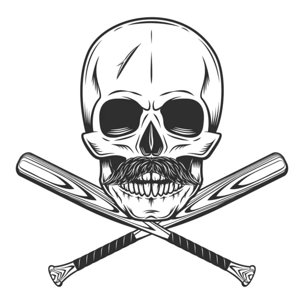 野球バットクラブエンブレムデザイン要素テンプレートと頭蓋骨と口ひげヴィンテージモノクロスタイルの隔離されたイラスト — ストック写真