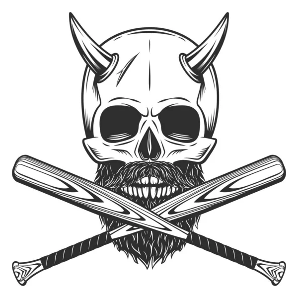 带有角和胡须的骷髅 有胡子和棒球棒徽章设计元素模板 采用复古单色风格的孤立插图 — 图库照片