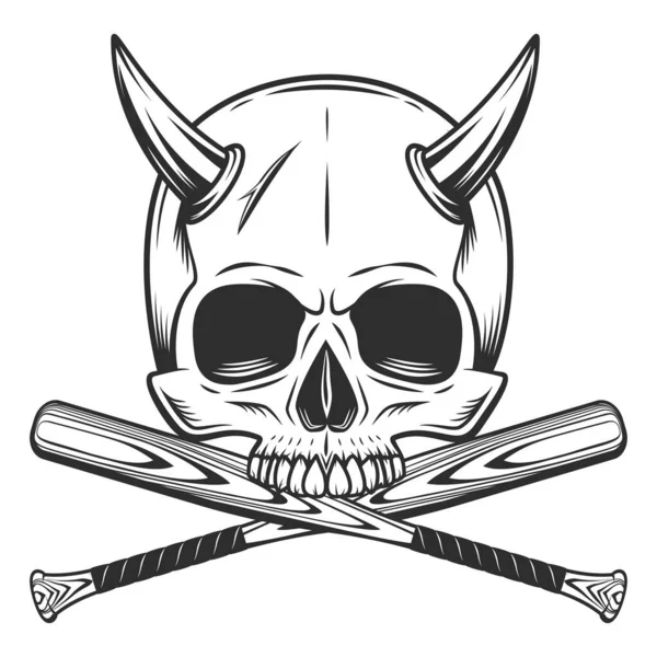 不带下颚的骷髅和角 带有棒球棒徽章设计元素模板 采用复古单色风格孤立插图 — 图库照片