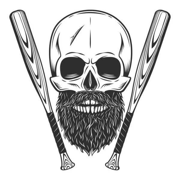 ひげとひげを生やした頭蓋骨野球バットクラブエンブレムデザイン要素テンプレートヴィンテージモノクロスタイルの孤立イラスト — ストック写真