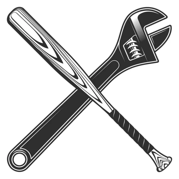 Konstruktion Justerbar Skiftnyckel Med Baseball Bat Klubb Emblem Designelement Mall — Stockfoto
