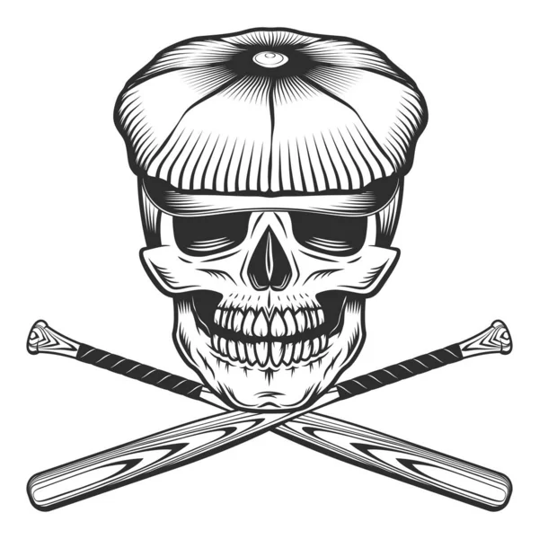 野球バットクラブエンブレムデザイン要素テンプレートとフラットキャップで頭蓋骨ヴィンテージモノクロスタイルの孤立イラスト — ストック写真