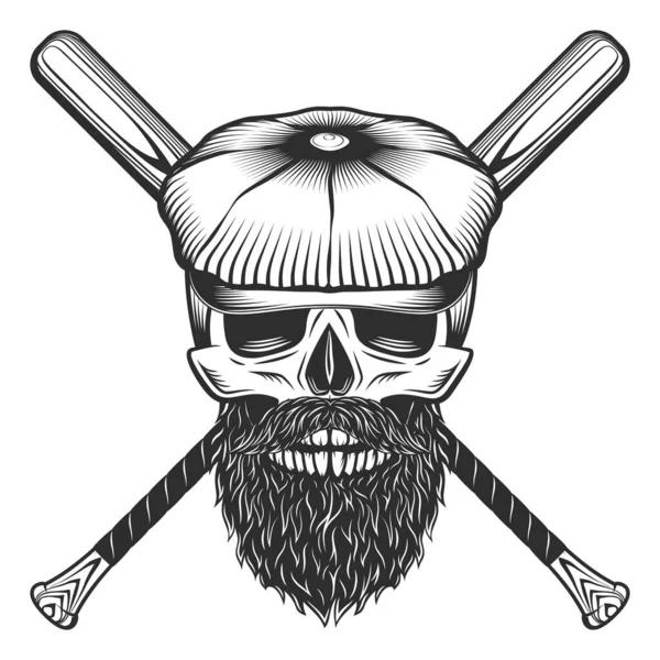 ひげと口ひげとフラットキャップで頭蓋骨野球バットクラブエンブレムデザイン要素テンプレートヴィンテージモノクロスタイルの孤立イラスト — ストック写真
