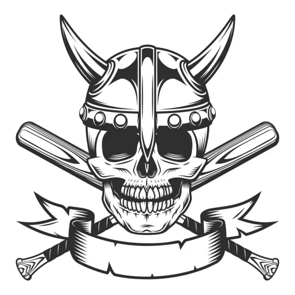 Viking Skull Horned Helmet Ribbon Baseball Bat Club Emblem Design — Stock Photo, Image