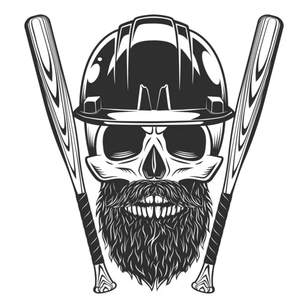 ひげとひげを持つヘルメットのハード帽子の建設で頭蓋骨野球バットクラブエンブレムデザイン要素テンプレートヴィンテージモノクロスタイルの孤立イラスト — ストック写真
