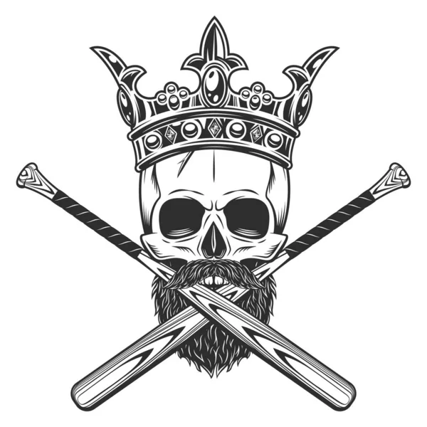 头冠骷髅 胡须胡须 棒球棒徽章设计元素模板 古色古香的单色图案 — 图库照片