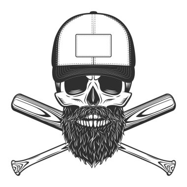 Sakallı kafatası ve beysbol sopası amblemli bıyıklı kafatası klasik monokrom tarzında tasarım elementleri izole edilmiş illüstrasyon