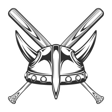 Beyzbol sopası amblem tasarım elementlerine sahip Viking miğferi klasik monokrom stili izole edilmiş illüstrasyon şablonu