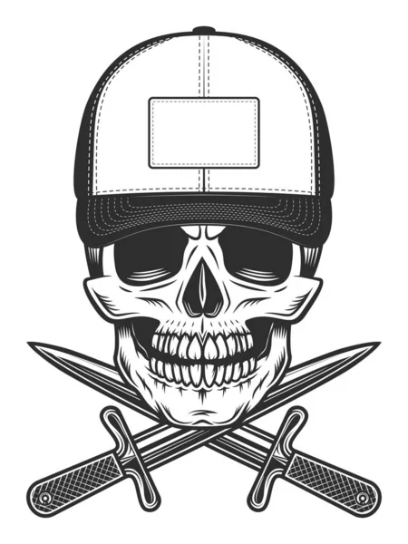 頭蓋骨で野球帽ともにギャングナイフ短剣ヴィンテージイラスト — ストック写真