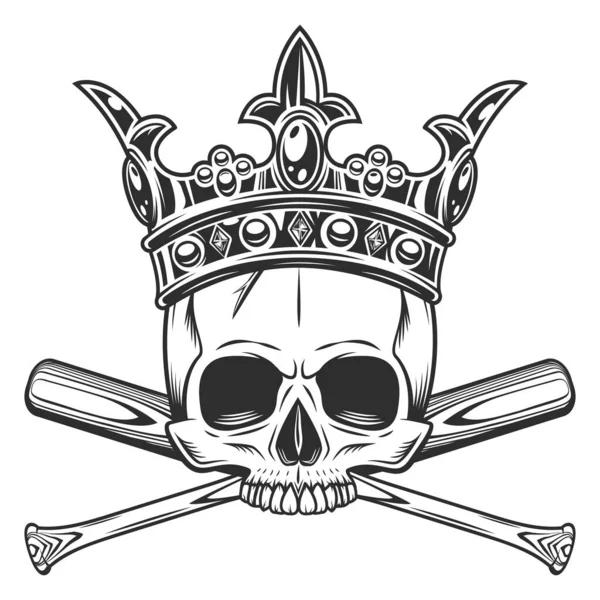 Skull without jaw in crown with baseball bat club emblem design elements template in vintage monochrome style isolated illustration