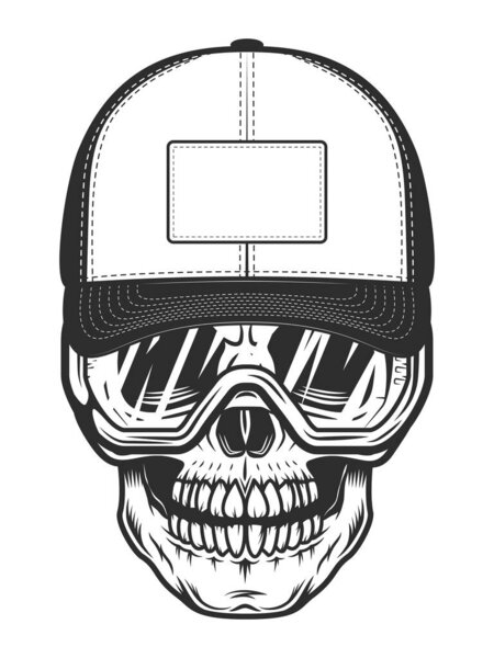 Skull in baseball cap with construction safety glasses in vintage monochrome style isolated illustration