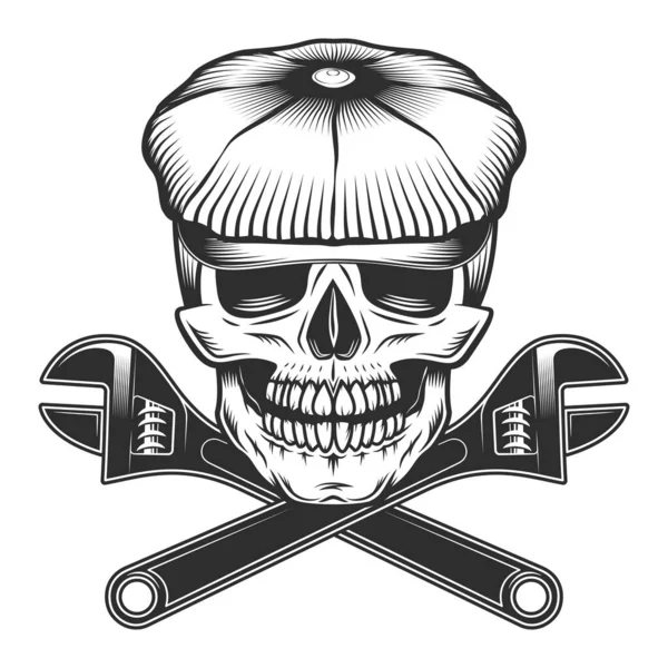 Skull Tweed Hat Flat Cap Crossed Plumbing Adjustable Wrench Construction — Stock Photo, Image