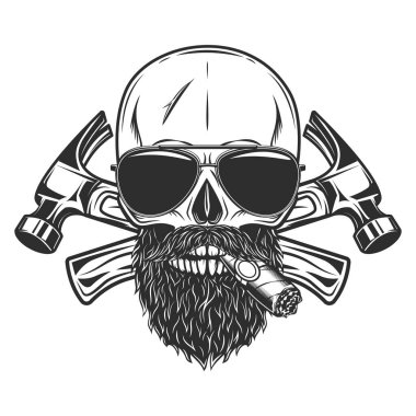 Kafatası puro veya sigara içen bıyıklı, sakallı ve güneş gözlüklü müteahhit, monokrom vintage stil illüstrasyonunda yeni inşaat ve dekorasyon işleri ile uğraşırken karşıdan karşıya geçti.