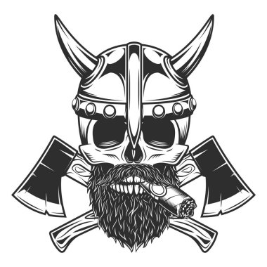 Viking kafatası puro ya da sigara içerken sakallı ve boynuzlu kaskla bıyıklı ve çapraz eksenli monokrom stili izole vektör çizimi