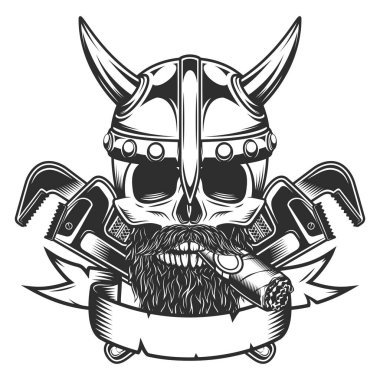 Boynuzlu başlıklı Viking kafatası bıyıklı ve sakallı. Gaz için ingiliz anahtarı ve inşaat tesisat borusu ya da tamirci anahtarı tamir aleti vintage vektör çizimi.