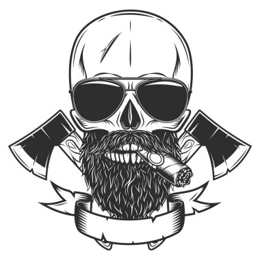 Kafatası puro ya da sigara içiyor ve bıyıklı ve sakallı güneş gözlüğü takıyor ve tahta baltayla inşaat aletini çaprazlıyor. İş ahşap işçiliği ya da kurdeleli oduncu amblemi