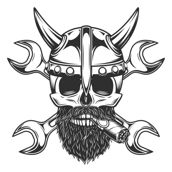Viking Skull Smoking Cigar Cigarette Mustache Beard Horned Helmet Construction — Stock Vector