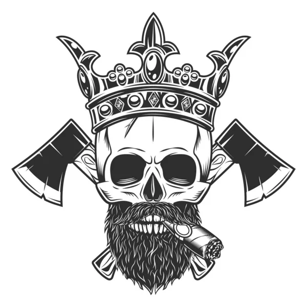 Skull Smoking Cigar Cigarette Crown Royal King Mustache Beard Crossed — Stock Vector