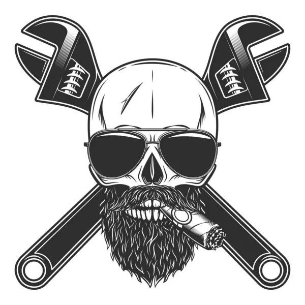 Skull Smoking Cigar Cigarette Mustache Beard Sunglasses Construction Wrench Gas — Stock Vector