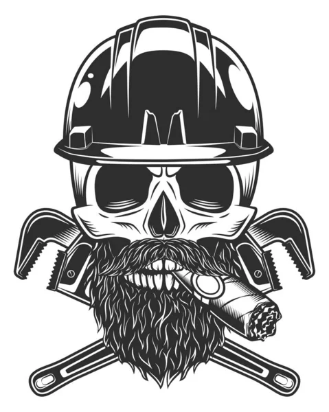 Skull Smoking Cigar Cigarette Helmet Hard Hat Mustache Beard Construction — Stock Vector