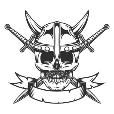 Viking skull with mustache in horned helmet and crossed sword Isolated on white background monochrome illustration