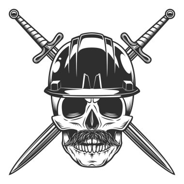 Skull with mustache in construction helmet hard hat and crossed sword Isolated on white background monochrome illustration