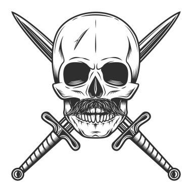 Hipster skull with mustache and crossed sword Isolated on white background monochrome illustration