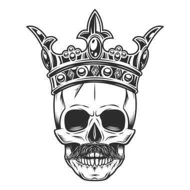 Black and white skull in crown with mustache isolated on white background illustration