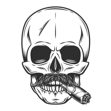 Hipster skull smoking cigar and cigarette with mustache isolated on white background monochrome illustration