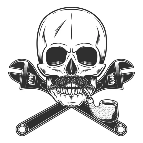 Mustache and beard skull smoking pipe with construction wrench for gas and builder plumbing pipe or body shop mechanic spanner repair tool in monochrome style vintage illustration