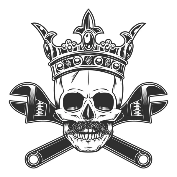 King skull with mustache in crown with construction wrench for gas and builder plumbing pipe or body shop mechanic spanner repair tool in monochrome style isolated vintage vector illustration