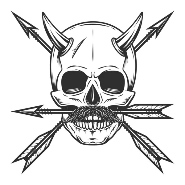 Horned skull with mustache with horn and vintage hunting arrow in monochrome style isolated illustration design element for label or sign and emblem