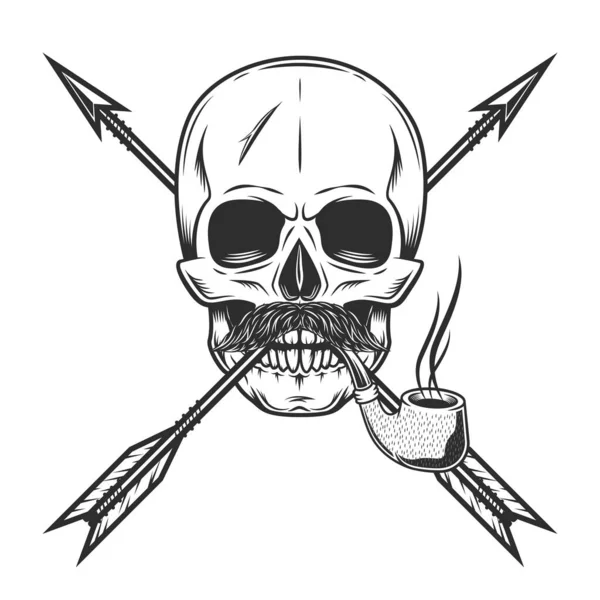Skull Smoking Pipe Mustache Vintage Hunting Arrow Monochrome Style Isolated — Stock Photo, Image