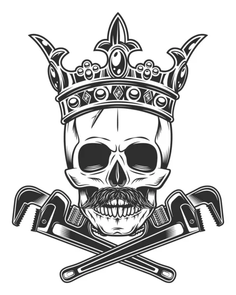 King skull in crown with mustache with construction wrench for gas and builder plumbing pipe or body shop mechanic spanner repair tool in monochrome style isolated vintage illustration