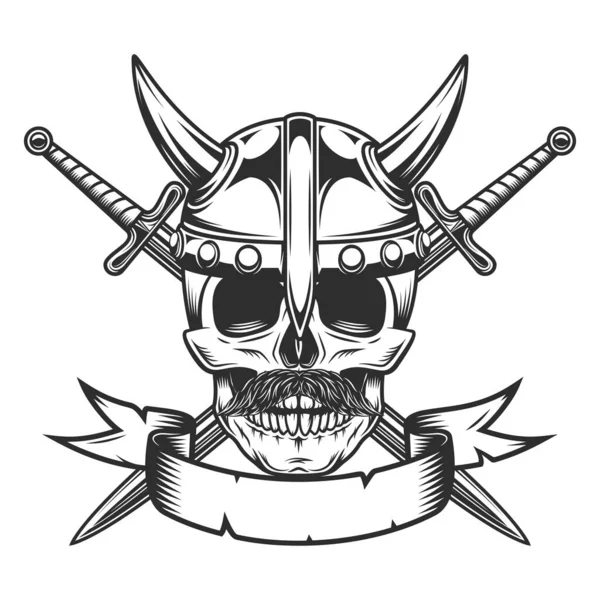 Viking Skull Mustache Horned Helmet Crossed Sword Isolated White Background — Stock Photo, Image