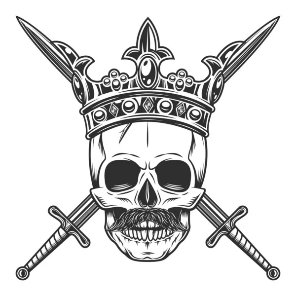 Skull in king royal crown with mustache and crossed sword Isolated on white background monochrome illustration