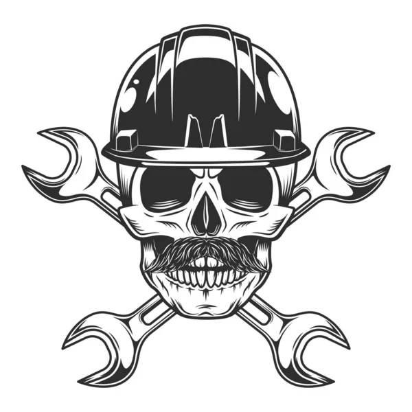 Skull Witn Mustache Helmet Hard Hat Construction Builder Plumbing Wrench — Stock Photo, Image
