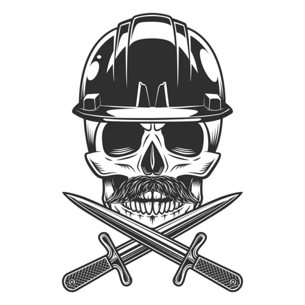 Skull Helmet Construction Hard Hat Hipster Mustache Crossed Knife Dagger — Stockfoto