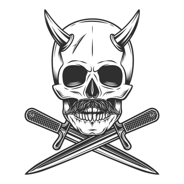 Skull Witn Horns Mustache Crossed Knife Dagger Isolated White Background — Stockfoto