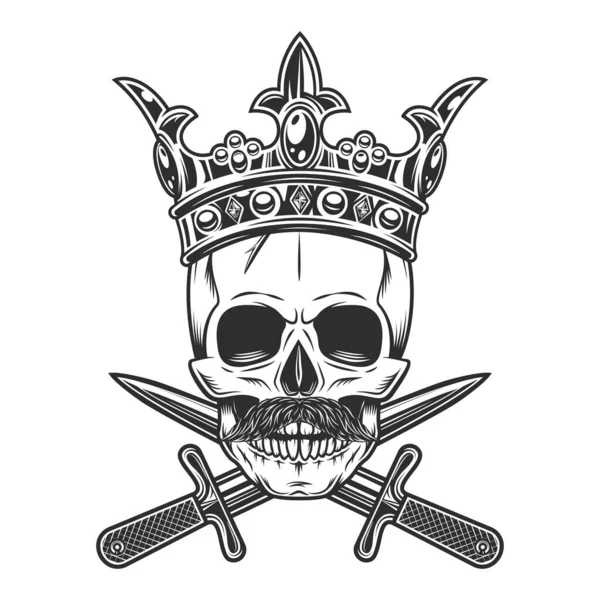王冠の頭蓋骨王室の王でヒップスター口ひげとクロスナイフ短剣白背景モノクロイラストに孤立 — ストック写真