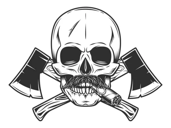 Skull Smocking Cigar Cigarette Mustache Crossed Wooden Axe Business Woodworking — Foto Stock