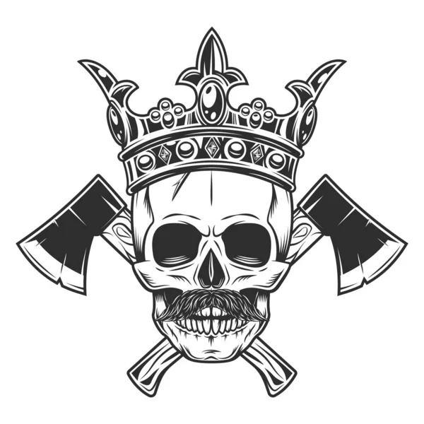 头戴皇冠的骷髅 蓄着胡子 头戴十字木斧头 头戴木制或木工徽章 是建筑工人的工具 — 图库照片