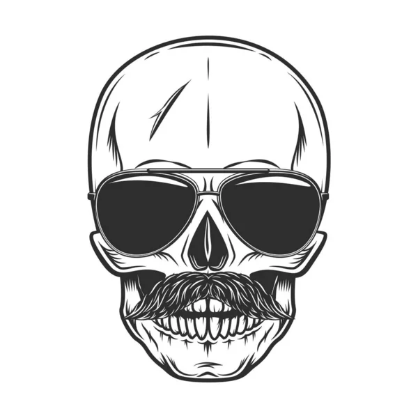 Hipster Skull Mustache Sunglasses Reflection Isolated White Background Monochrome Illustration — Stockfoto